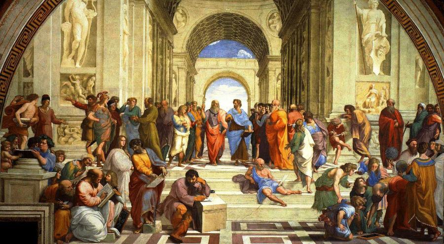 L’École d’Athènes, Raphaël (1510): Platon et Aristote entourés de philosophes antiques